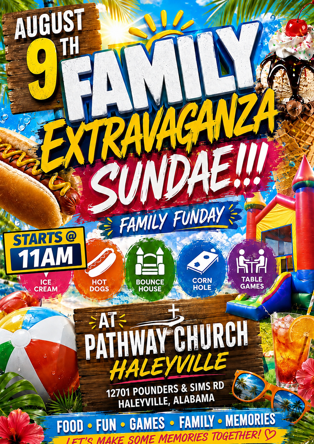 Family Extravaganza Sundae Fun Day — August 9th at Pathway Church Haleyville