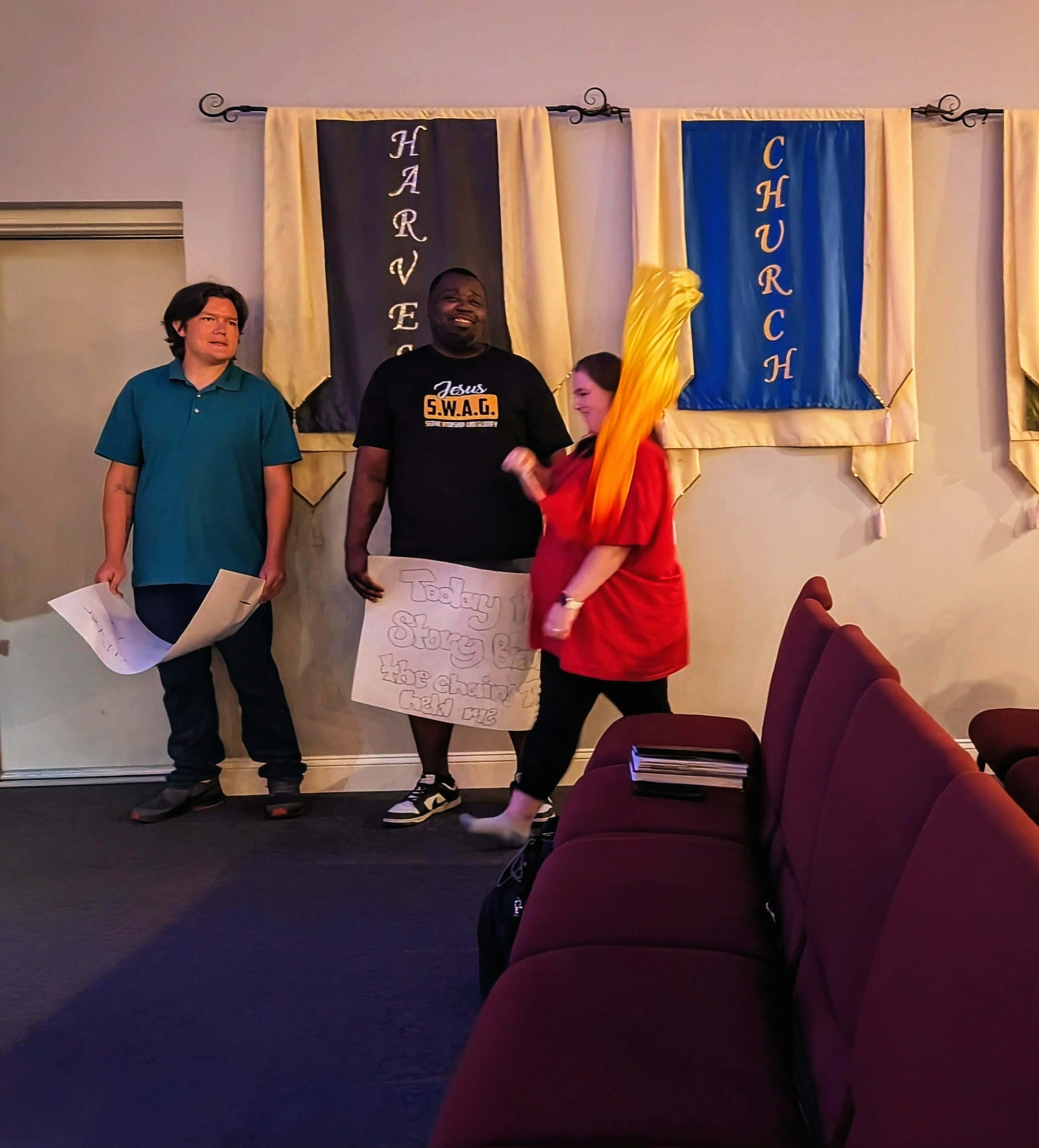 Church family gathering — banners and fellowship